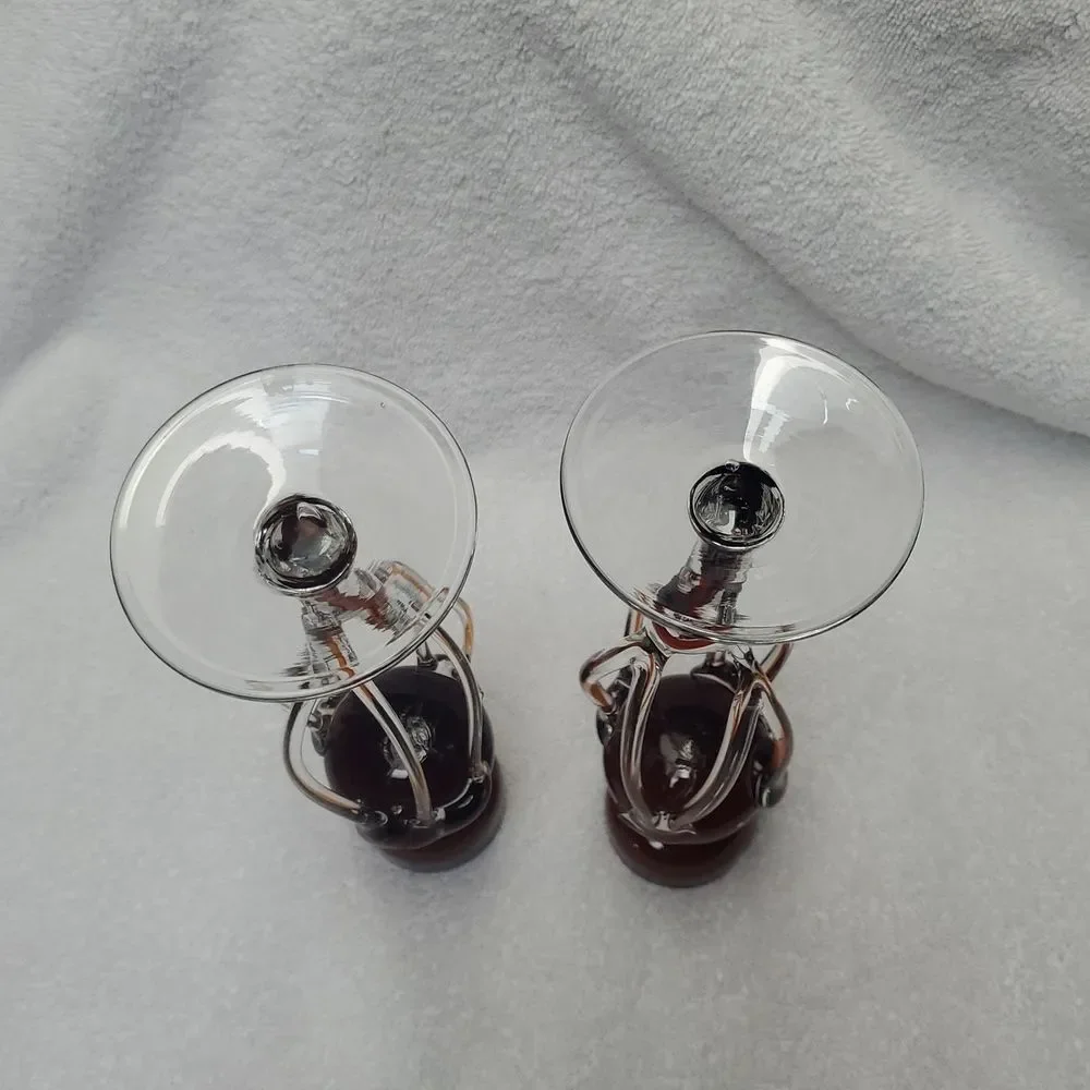 Polish Hand Blown Glass Candle Holders Jellyfish Sculptural Amber Brown VTG